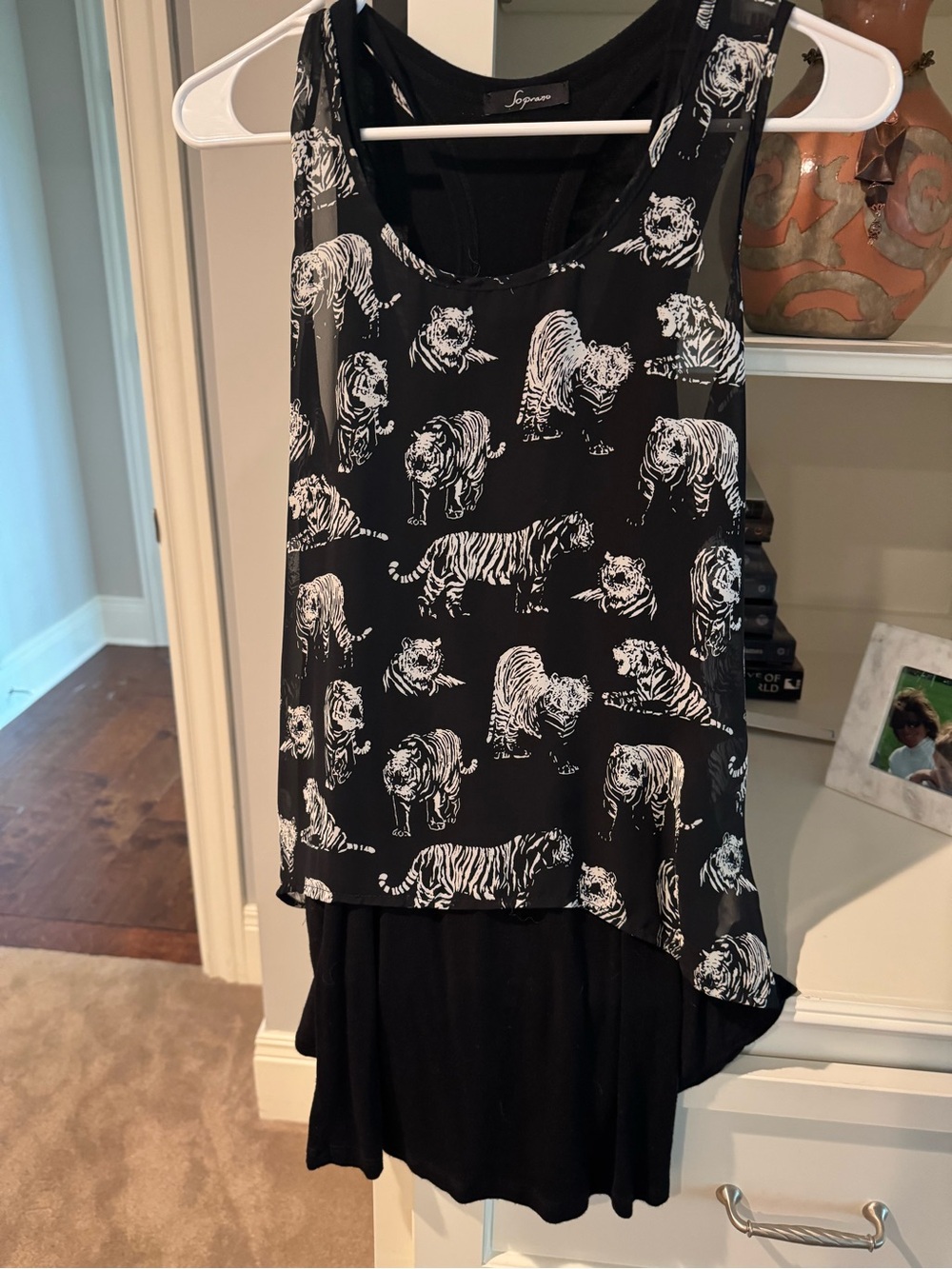 Soprano Black Tank Top with White Tiger Print